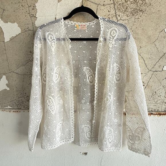 Vintage Cardigan Womens L Handmade Crochet Lace Jacket Ivory Boho Cottagecore - Picture 1 of 6
